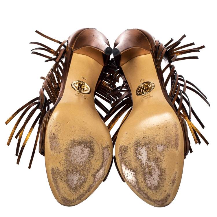 Pre Owned Roberto Cavalli Metallic Brown Leather Fringe Sandals Size 40