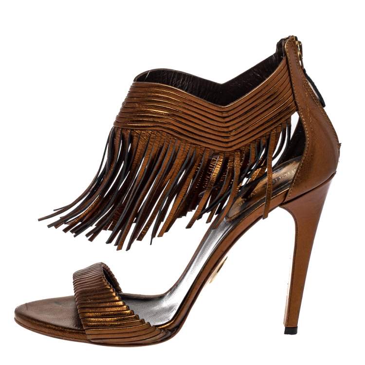 Pre Owned Roberto Cavalli Metallic Brown Leather Fringe Sandals Size 40