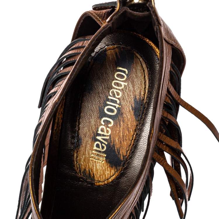 Pre Owned Roberto Cavalli Metallic Brown Leather Fringe Sandals Size 40