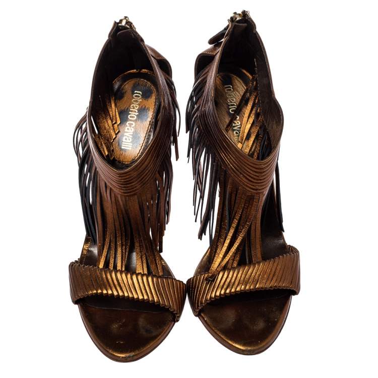 Pre Owned Roberto Cavalli Metallic Brown Leather Fringe Sandals Size 40