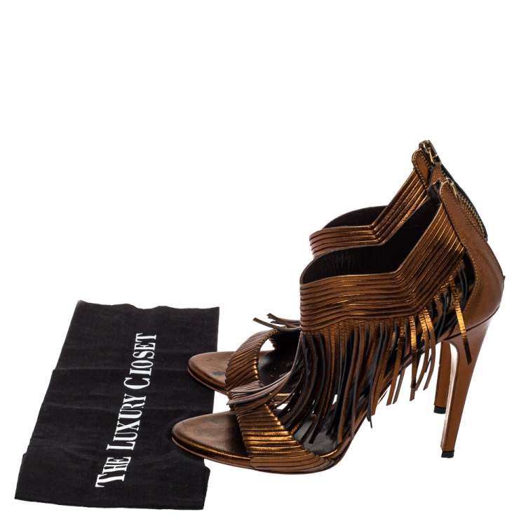 Pre Owned Roberto Cavalli Metallic Brown Leather Fringe Sandals Size 40
