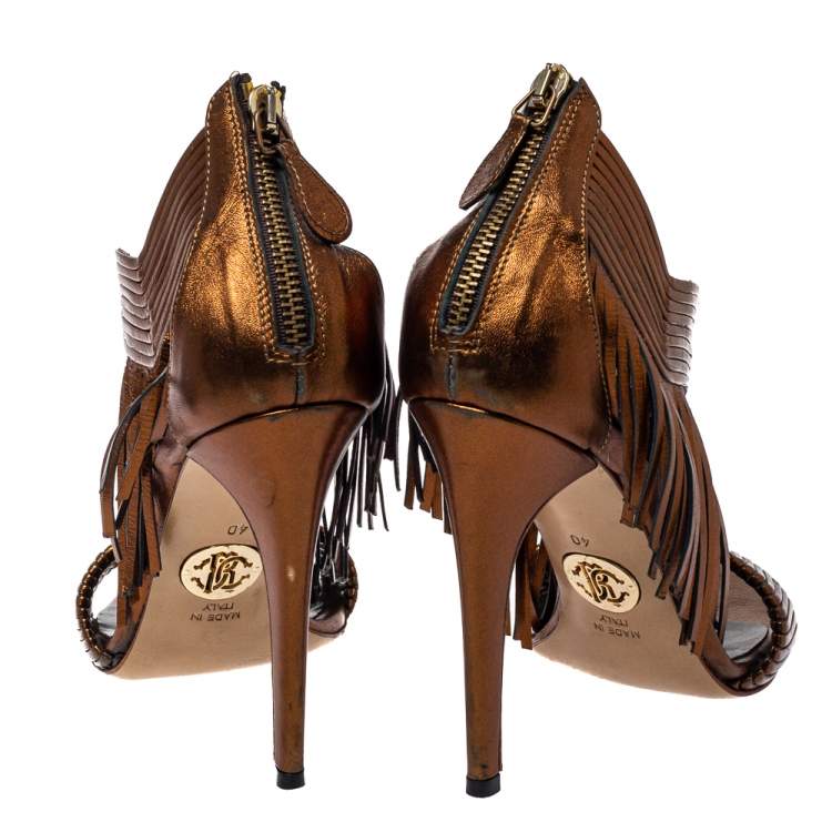Pre Owned Roberto Cavalli Metallic Brown Leather Fringe Sandals Size 40