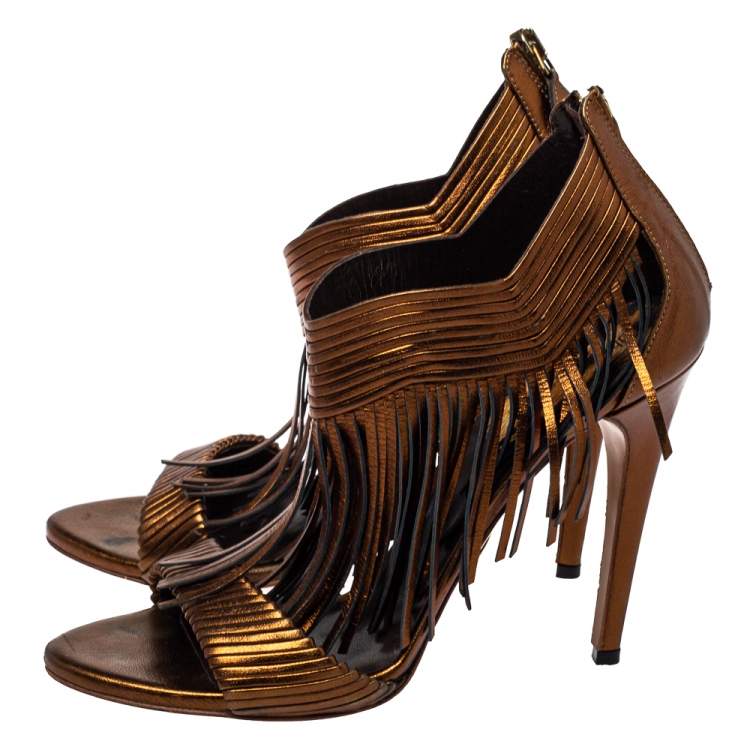 Pre Owned Roberto Cavalli Metallic Brown Leather Fringe Sandals Size 40