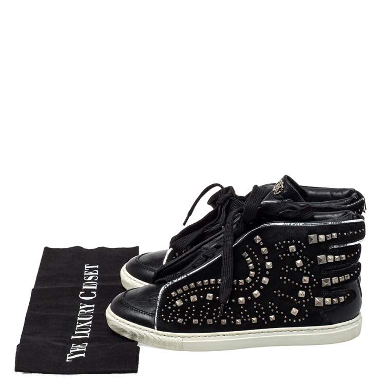 Pre Owned Roberto Cavalli Black Suede And Leather Studded Mid Top Sneaker Size 39