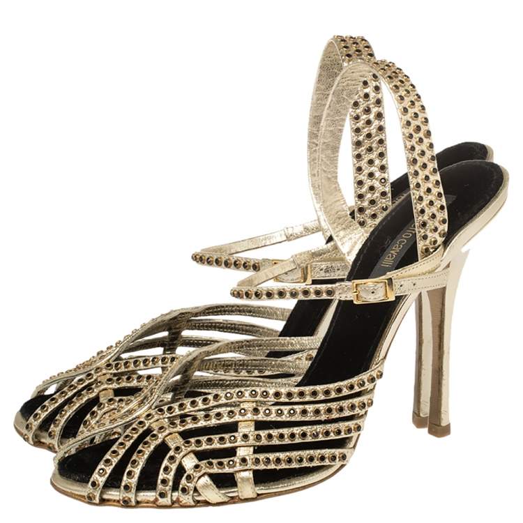 Pre Owned Roberto Cavalli Metallic Gold Leather Studded Strappy Sandals Size 39.5