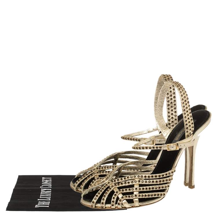 Pre Owned Roberto Cavalli Metallic Gold Leather Studded Strappy Sandals Size 39.5