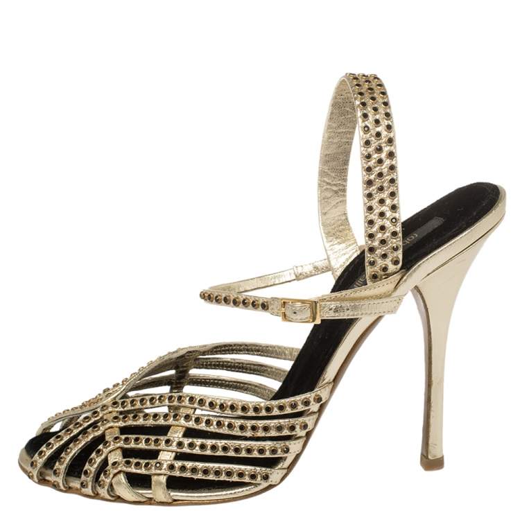 Pre Owned Roberto Cavalli Metallic Gold Leather Studded Strappy Sandals Size 39.5