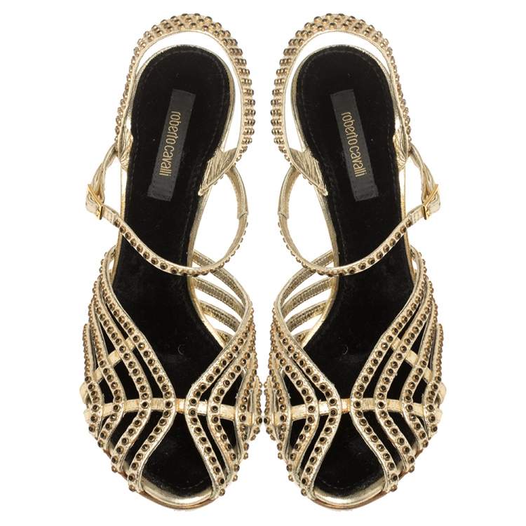 Pre Owned Roberto Cavalli Metallic Gold Leather Studded Strappy Sandals Size 39.5