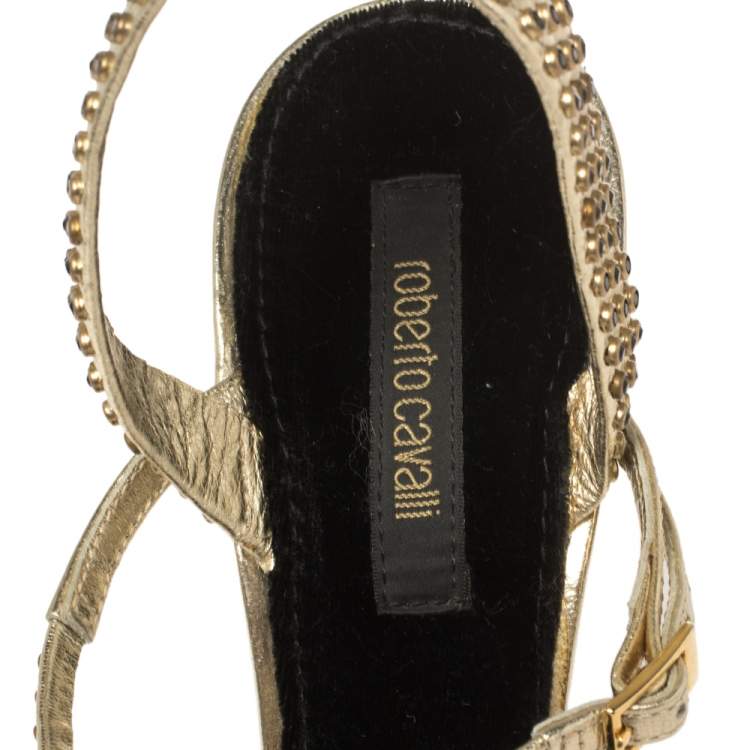 Pre Owned Roberto Cavalli Metallic Gold Leather Studded Strappy Sandals Size 39.5