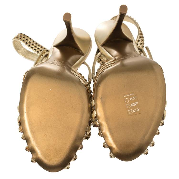 Pre Owned Roberto Cavalli Metallic Gold Leather Studded Strappy Sandals Size 39.5