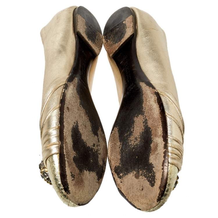 Pre Owned Roberto Cavalli Metallic Gold Leather Snake Head Crystal Embellished Ballet Flats Size 39.5
