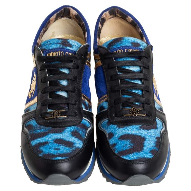 Pre Owned Roberto Cavalli Leather And Leopard Print Fabric Low Top Sneakers Size 40