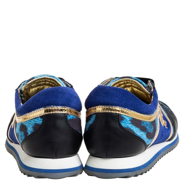 Pre Owned Roberto Cavalli Leather And Leopard Print Fabric Low Top Sneakers Size 40