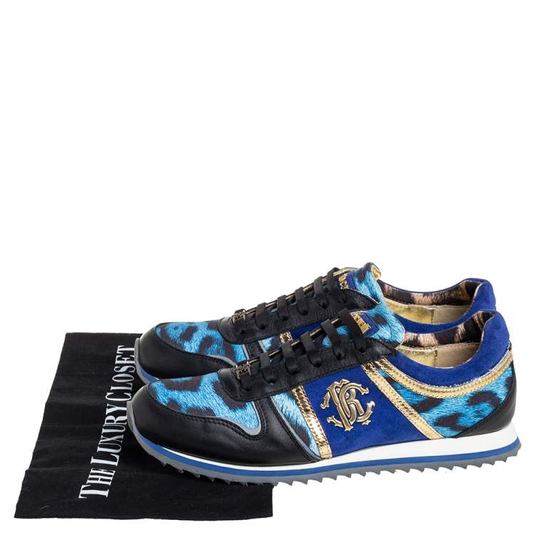 Pre Owned Roberto Cavalli Leather And Leopard Print Fabric Low Top Sneakers Size 40