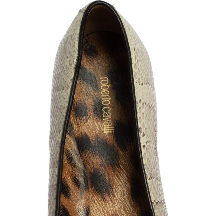 Pre Owned Roberto Cavalli Grey Python Embossed Leather Bow Ballet Flats Size 39.5 