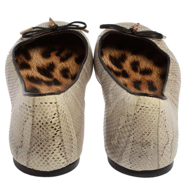 Pre Owned Roberto Cavalli Grey Python Embossed Leather Bow Ballet Flats Size 39.5 