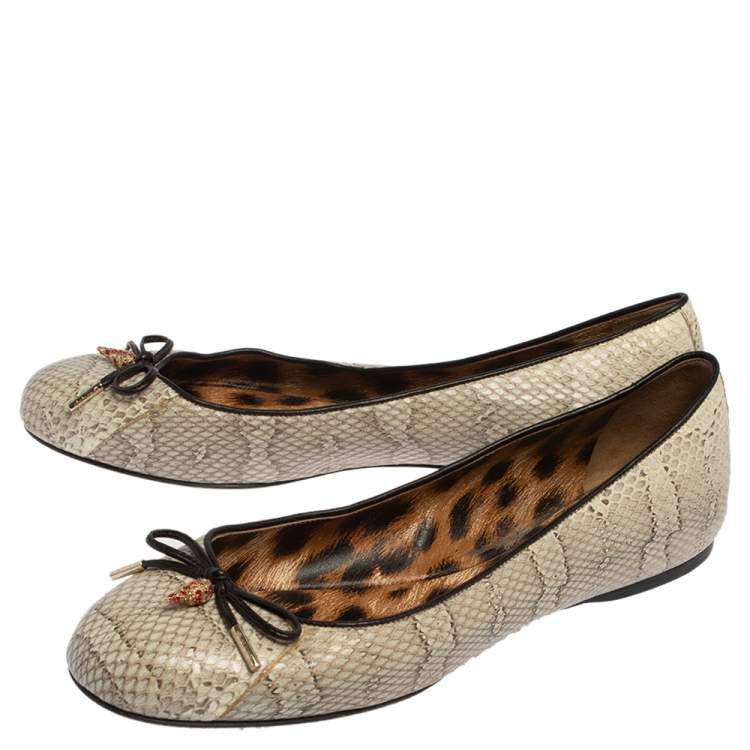 Pre Owned Roberto Cavalli Grey Python Embossed Leather Bow Ballet Flats Size 39.5 