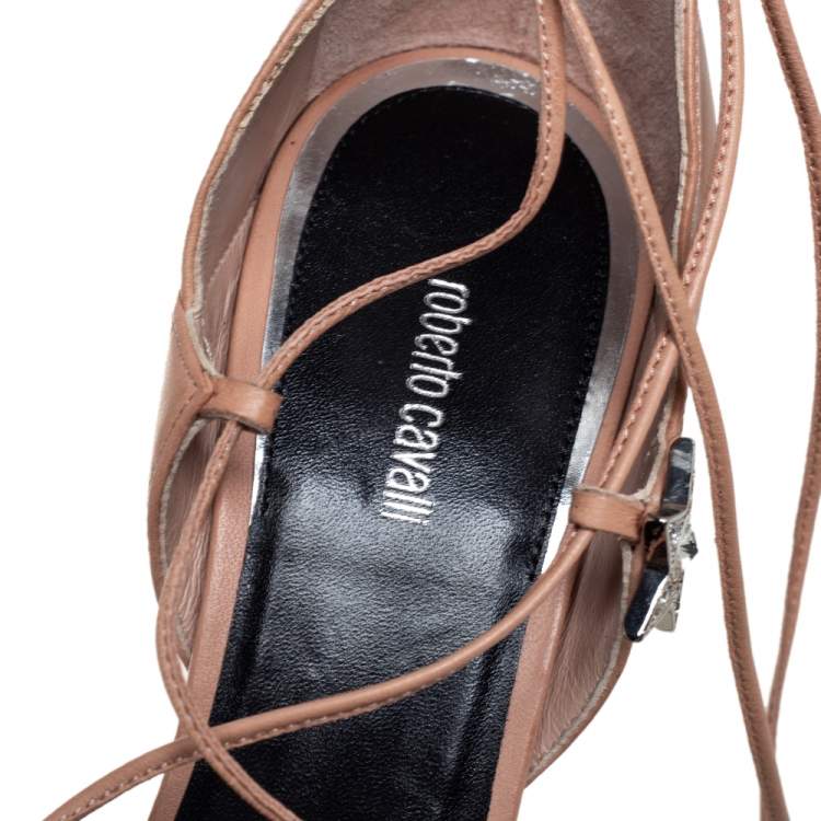 مملوكة مسبقًا Roberto Cavalli Beige Leather And Python Cap Toe Ankle Wrap Pumps Size 38