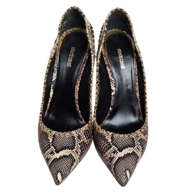 مملوكة مسبقًا Roberto Cavalli Brown/Black Python Embossed Laser Cut Pumps Size 39