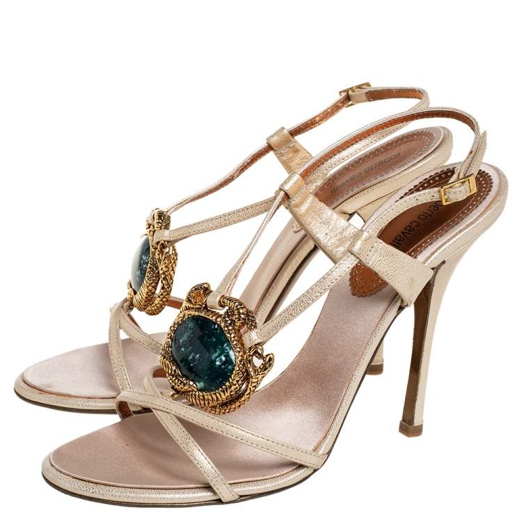 Pre Owned Roberto Cavalli Beige Textured Leather Embellished Slingback Sandals Size 39.5