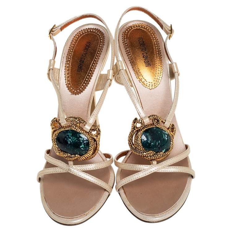 Pre Owned Roberto Cavalli Beige Textured Leather Embellished Slingback Sandals Size 39.5