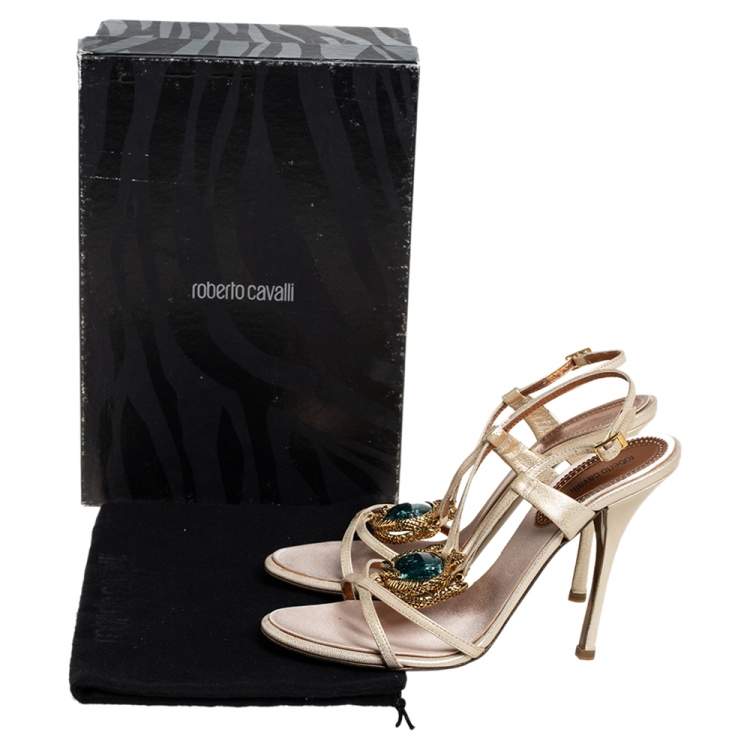 Pre Owned Roberto Cavalli Beige Textured Leather Embellished Slingback Sandals Size 39.5