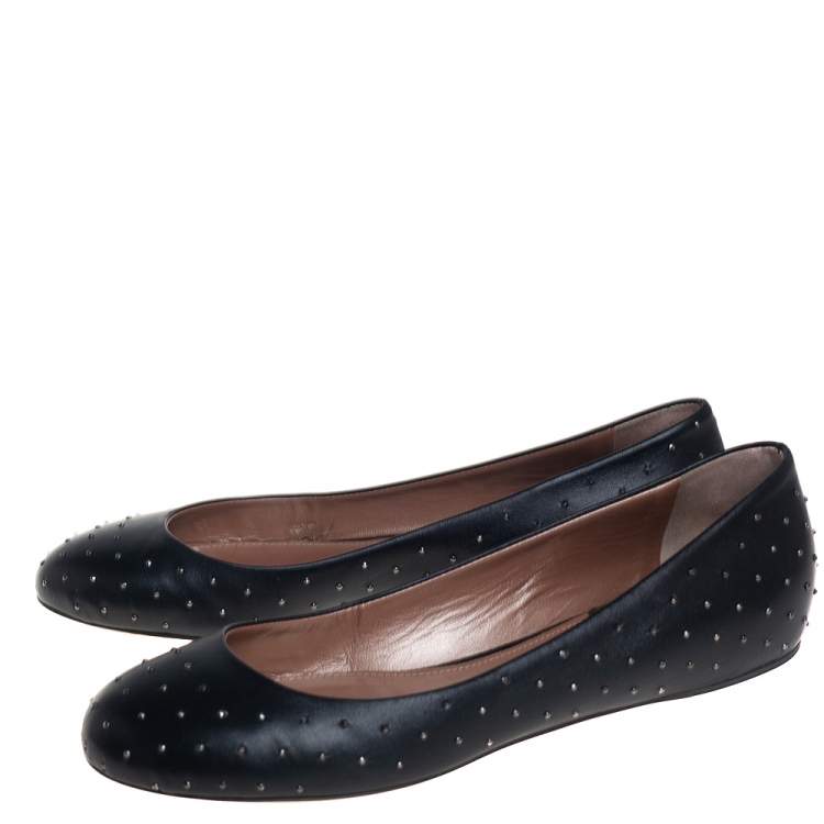Pre Owned Robert Cavalli Black Leather Studded Ballet Flats Size 38