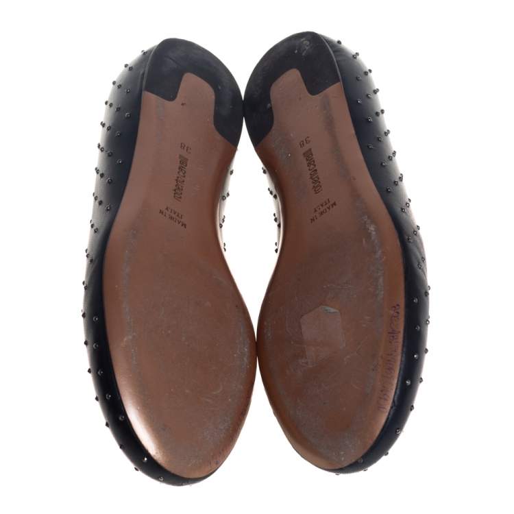 Pre Owned Robert Cavalli Black Leather Studded Ballet Flats Size 38