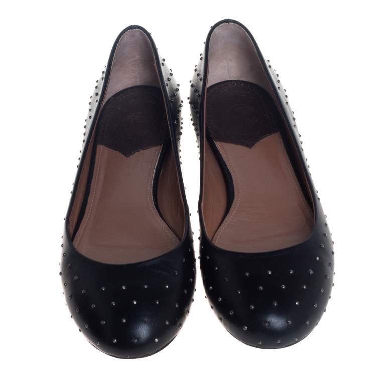 Pre Owned Robert Cavalli Black Leather Studded Ballet Flats Size 38
