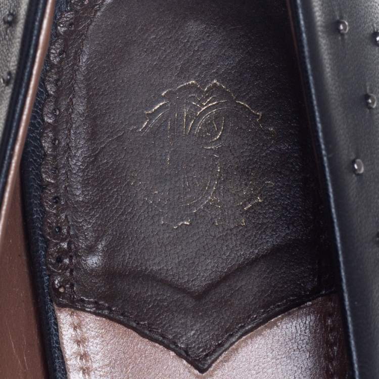 Pre Owned Robert Cavalli Black Leather Studded Ballet Flats Size 38