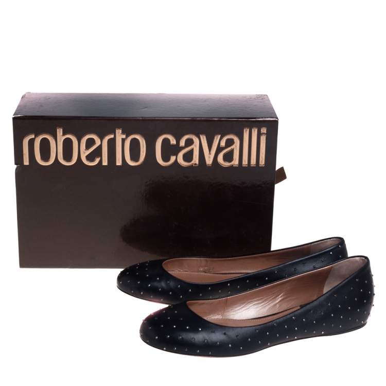 Pre Owned Robert Cavalli Black Leather Studded Ballet Flats Size 38