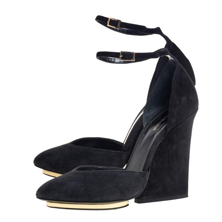 Pre Owned Roberto Cavalli Black Suede Ankle Strap Block Heels Pumps Size 37