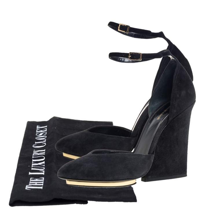 Pre Owned Roberto Cavalli Black Suede Ankle Strap Block Heels Pumps Size 37