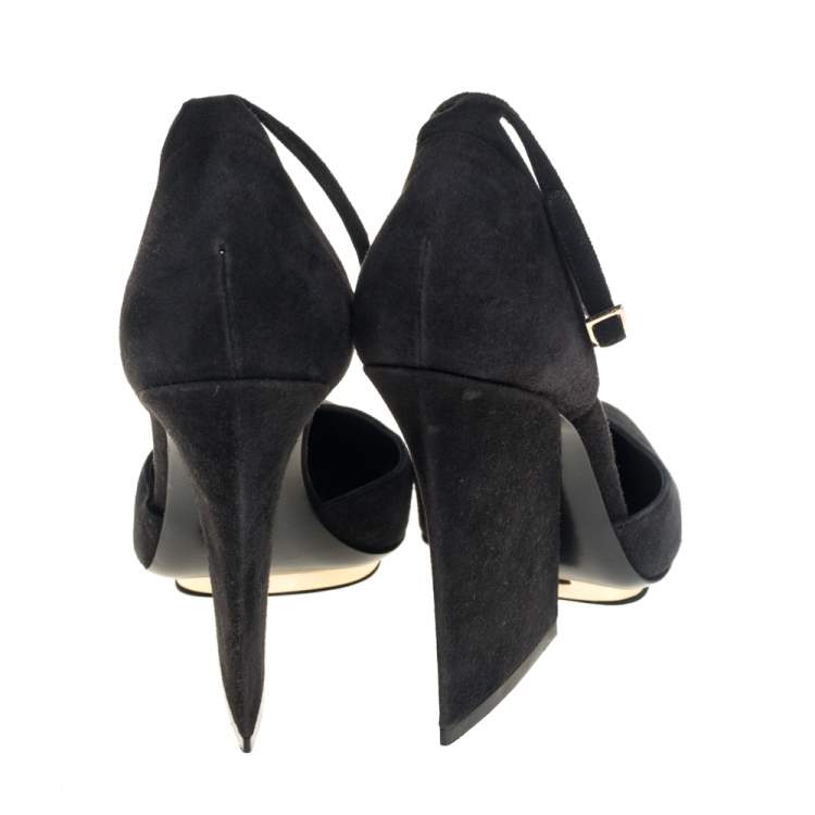 Pre Owned Roberto Cavalli Black Suede Ankle Strap Block Heels Pumps Size 37