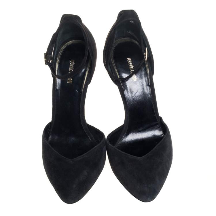 Pre Owned Roberto Cavalli Black Suede Ankle Strap Block Heels Pumps Size 37