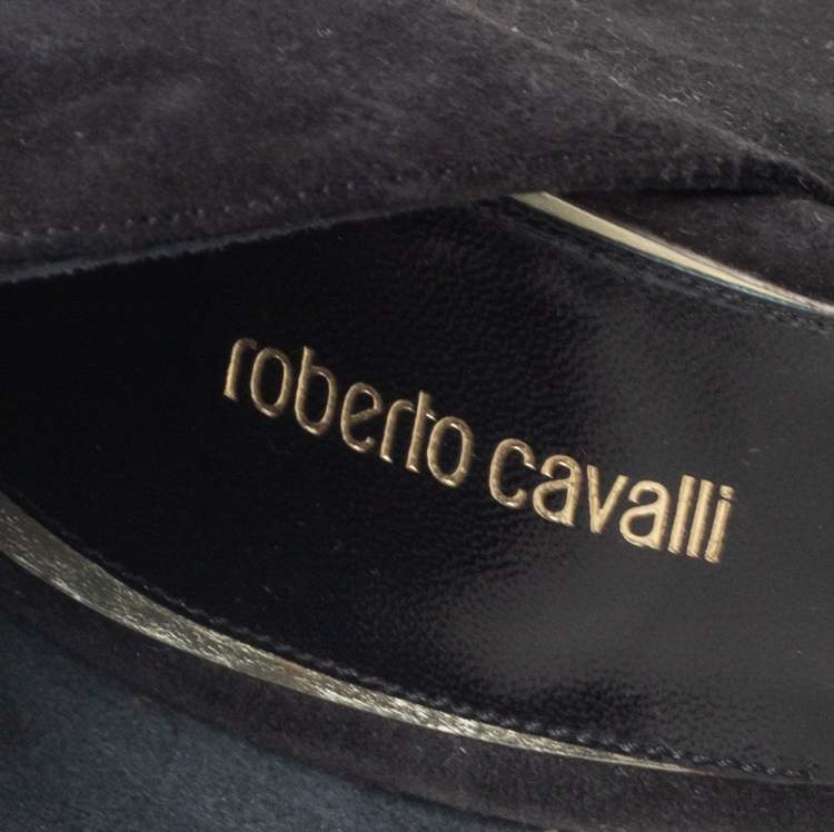 Pre Owned Roberto Cavalli Black Suede Ankle Strap Block Heels Pumps Size 37