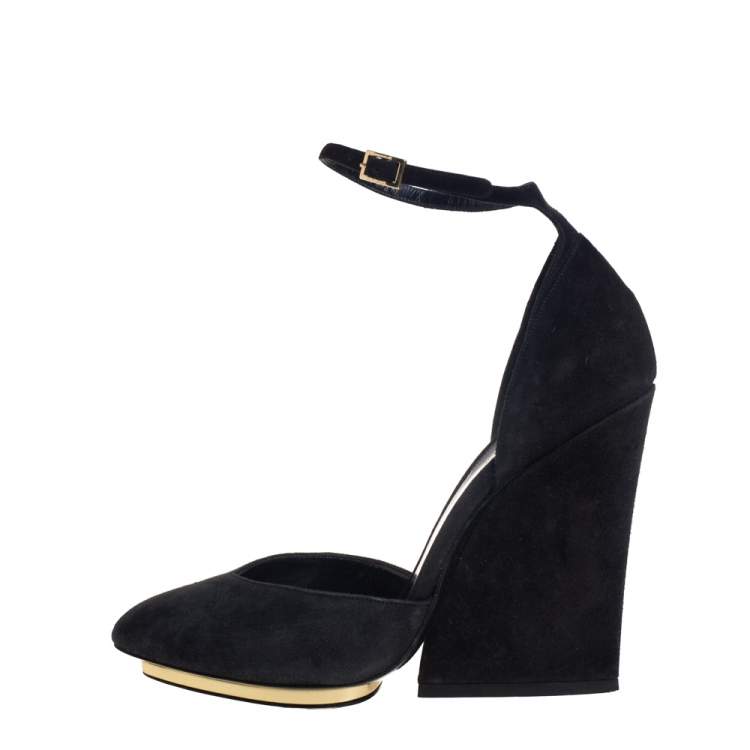Pre Owned Roberto Cavalli Black Suede Ankle Strap Block Heels Pumps Size 37
