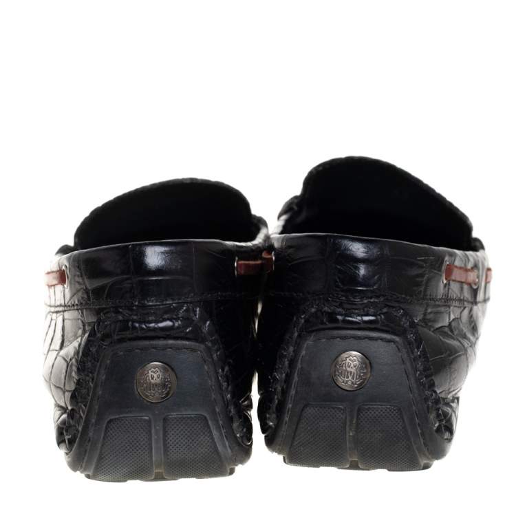 Pre Owned Roberto Cavalli Black Croc Embossed Leather Slip on Loafers Size 40
