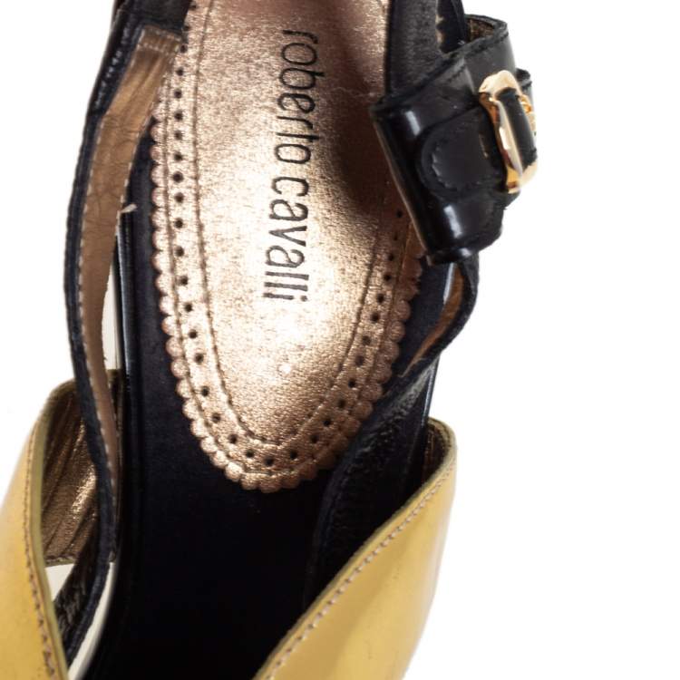 Pre Owned Roberto Cavalli Black/ Gold Patent Leather  And Leather  Ankle Strap Sandals Size 38