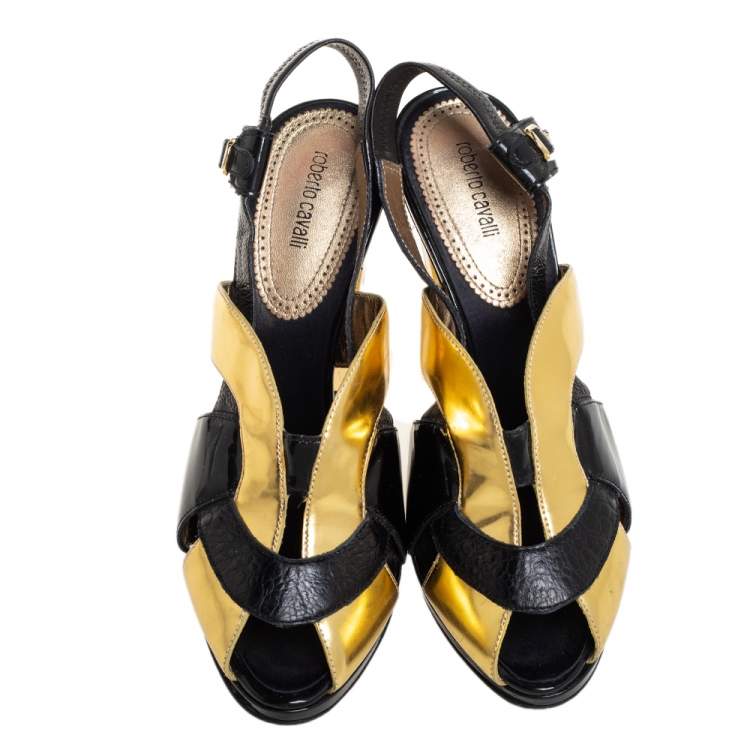Pre Owned Roberto Cavalli Black/ Gold Patent Leather  And Leather  Ankle Strap Sandals Size 38