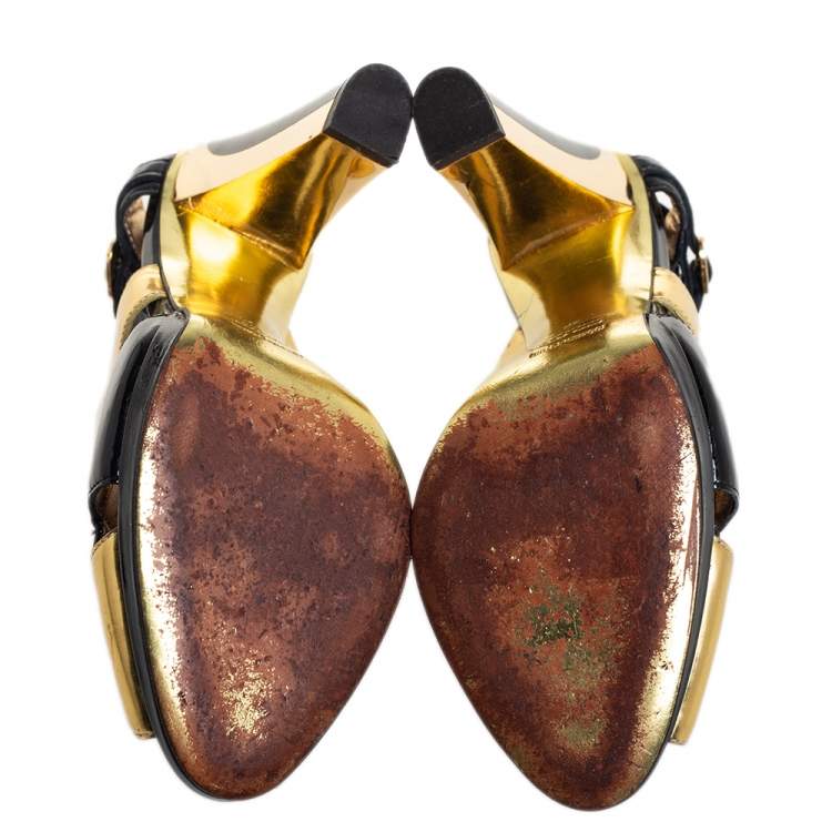 Pre Owned Roberto Cavalli Black/ Gold Patent Leather  And Leather  Ankle Strap Sandals Size 38