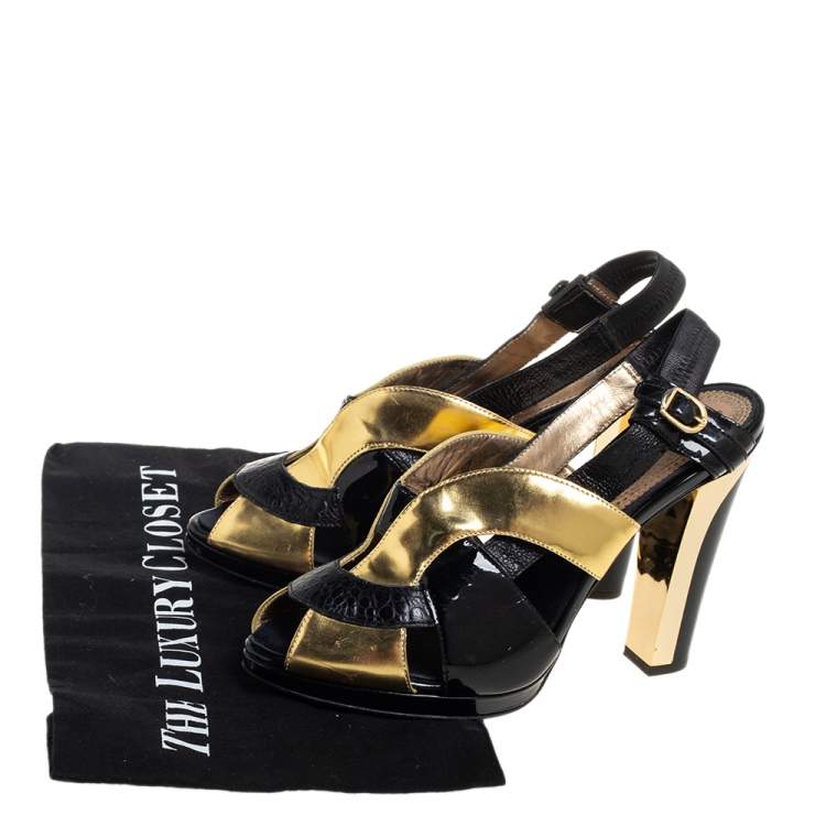Pre Owned Roberto Cavalli Black/ Gold Patent Leather  And Leather  Ankle Strap Sandals Size 38