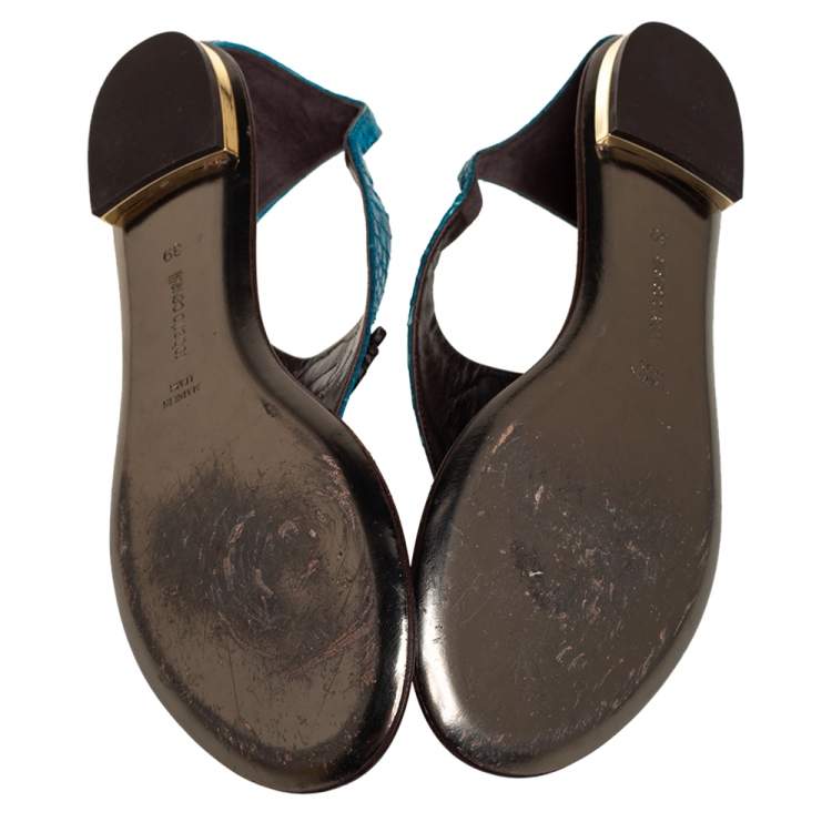 مملوكة مسبقًا Roberto Cavalli Blue Python Embossed Leather Logo Embellished Thong Flat Sandals Size 39