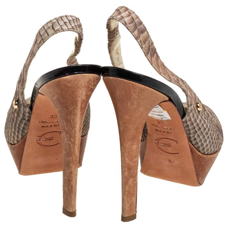 Pre Owned Just Cavalli Grey Python Embossed Leather Slingback Platform Sandals Size 36