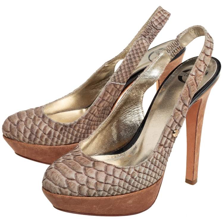Pre Owned Just Cavalli Grey Python Embossed Leather Slingback Platform Sandals Size 36