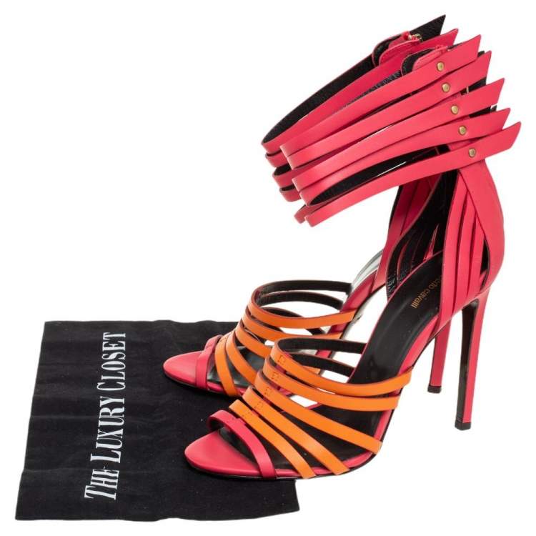 Pre Owned Roberto Cavalli Pink/Orange Leather Strappy Ankle Wrap Sandals Size 39