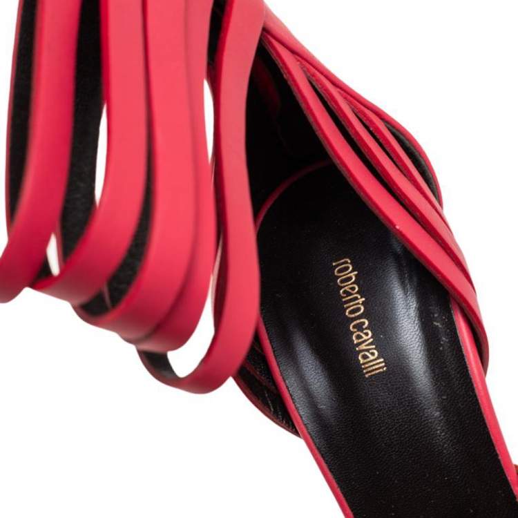 Pre Owned Roberto Cavalli Pink/Orange Leather Strappy Ankle Wrap Sandals Size 39