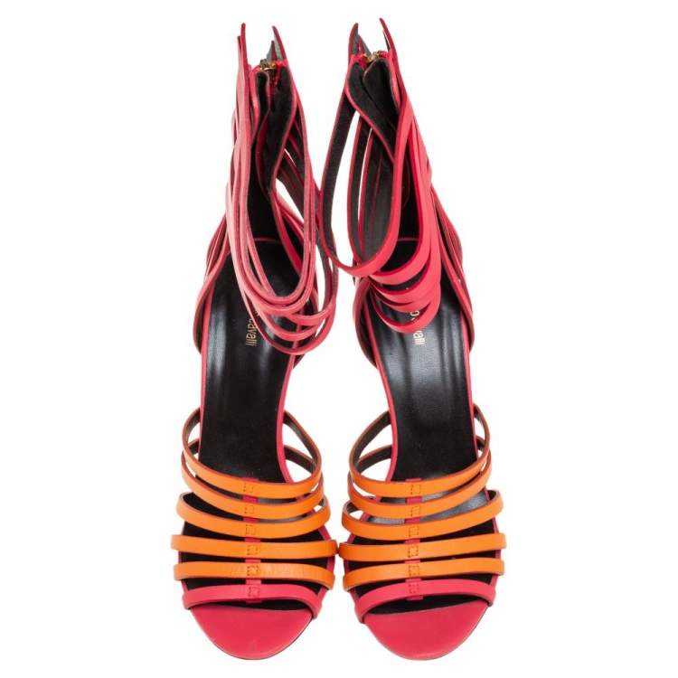 Pre Owned Roberto Cavalli Pink/Orange Leather Strappy Ankle Wrap Sandals Size 39