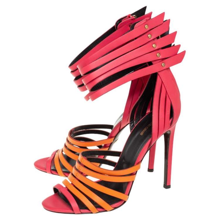 Pre Owned Roberto Cavalli Pink/Orange Leather Strappy Ankle Wrap Sandals Size 39