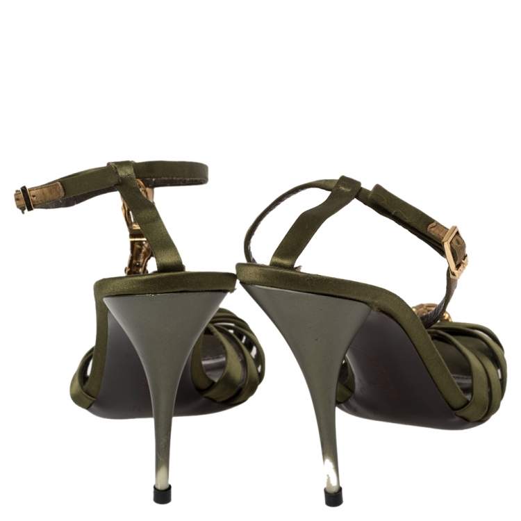 Pre Owned Roberto Cavalli Olive Green Satin Snake Embellished Ankle Strap Sandals Size 39